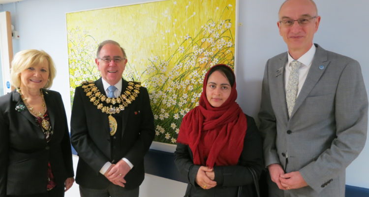 Mayoress Dr Margaret Gordon, Mayor Cllr Chris Gordon, artist Akther Bano and Dr Philip Lomax, Medical Director at St Ann's Hospice