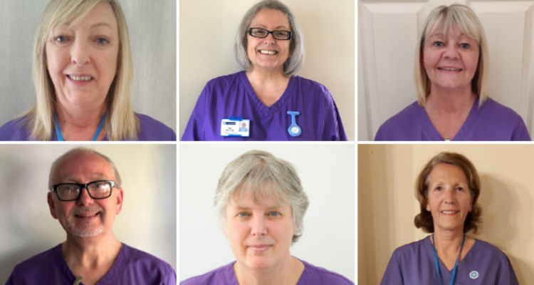 A montage of six of our volunteers smiling and wearing their purple uniform