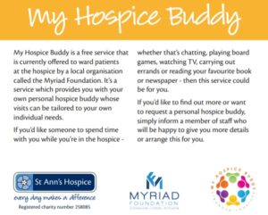 My Hospice Buddy leaflet detailing the services from the charity, The Myriad Foundation.