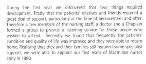 Jean Gibbs article snippet describing the development of services that supported the emotional and social care for patients.