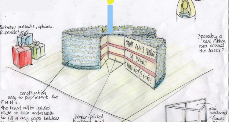 A sketch in pencil of the cake sculpture, with labels and details for each different feature